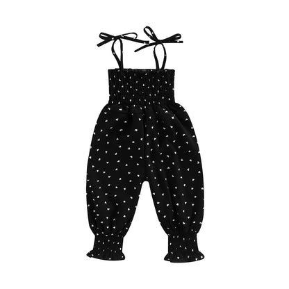 Lioraitiin Toddler Girl Sling Jumpsuit – Heart & Leopard Print Pleated Tie-Up Overalls Romper for Ages 0-4 Years