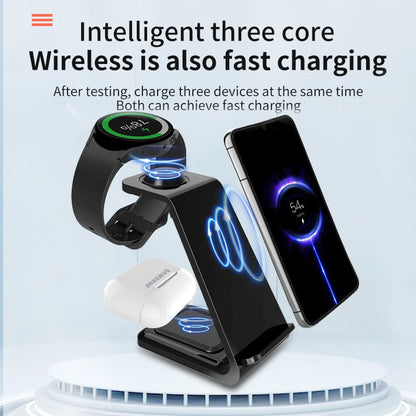 3 in 1 Wireless Charger Stand - Fast Charging Dock for Samsung Phones, Galaxy Watch 7/8/9, and AirPods Pro