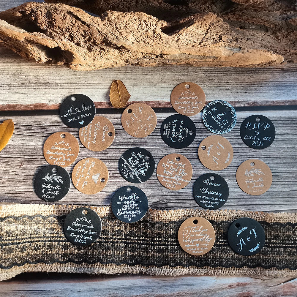 BY49 35mm Kraft & Black Paper Labels – Customizable Name & Date Wedding Decoration Stickers