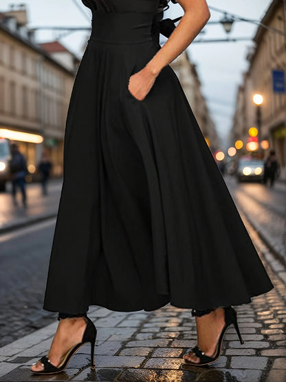 Women’s Solid Color A-Line Skirt – High Elastic Waist Long Elegant Skirt with Bow Detail Casual Fashion Skirt for Women Clothing
