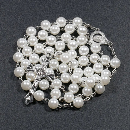 Faux Pearl Rosary Necklace – Virgin Mary & Jesus Cross Pendant Long Bead Chain Religious Fashion Jewelry for Women
