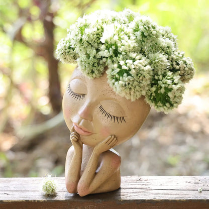 Resin Face Head Planter with Drain Holes - Succulent and Flower Pot Container, Ideal for Garden Decor and Tabletop Ornament