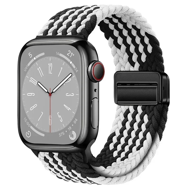 Nylon Braided Loop Apple Watch Band – Magnetic Metal Bracelet Strap for Ultra 2, Series 3–9 & SE (40mm–49mm) Adjustable Wristband