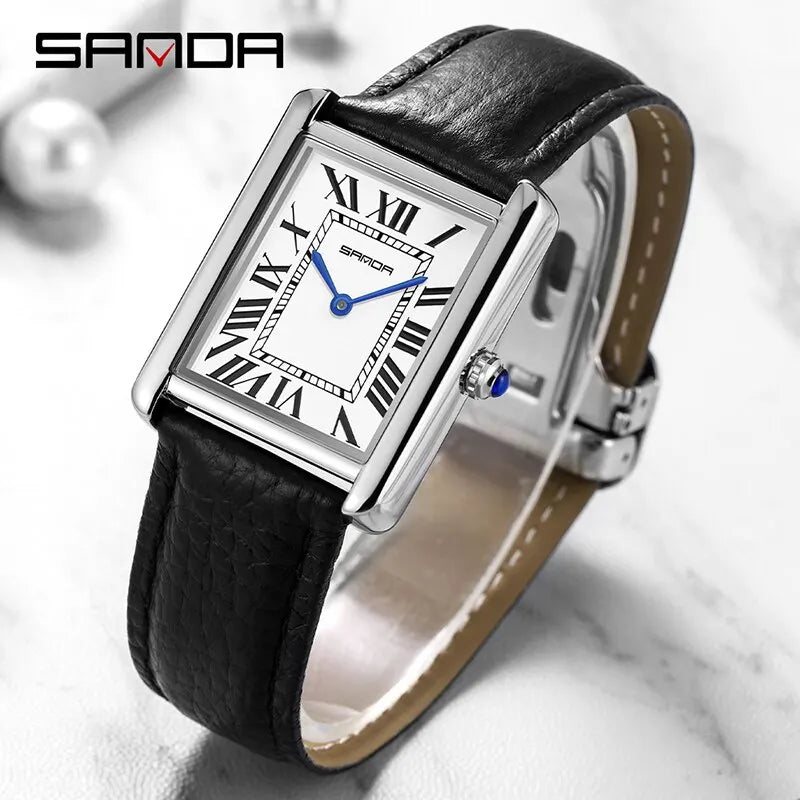 SANDA Couple Watch – 30M Waterproof, Casual Fashion, Quartz with Wear-Resistant Leather Strap, Square Dial Design