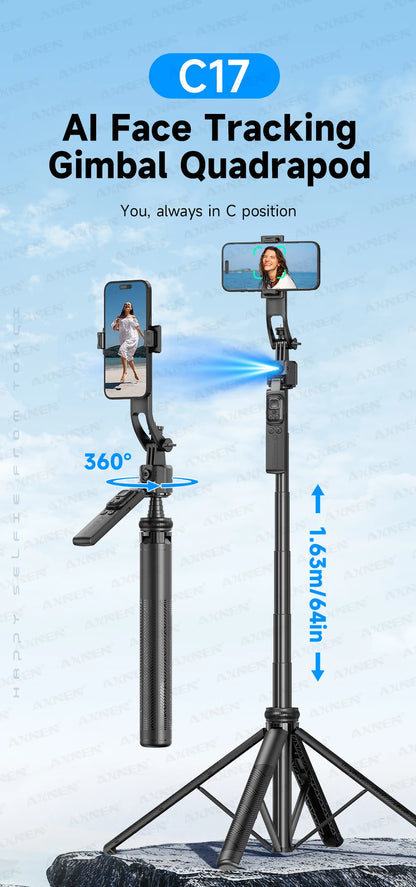 C17 AI Smart Gimbal Tripod – Foldable 360° Selfie Stick with Auto Face Tracking Quadruped Mobile Phone Holder