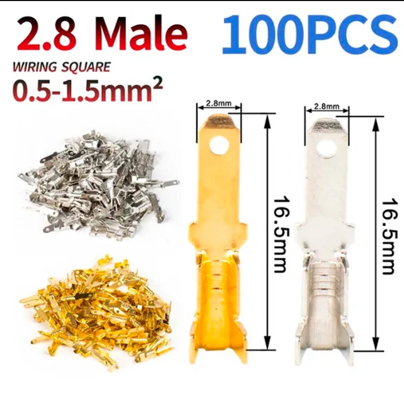 100PCS 2.8/4.8/6.3mm Male & Female Crimp Terminal Connectors – Gold & Silver Wire Connectors for Car & Electronics