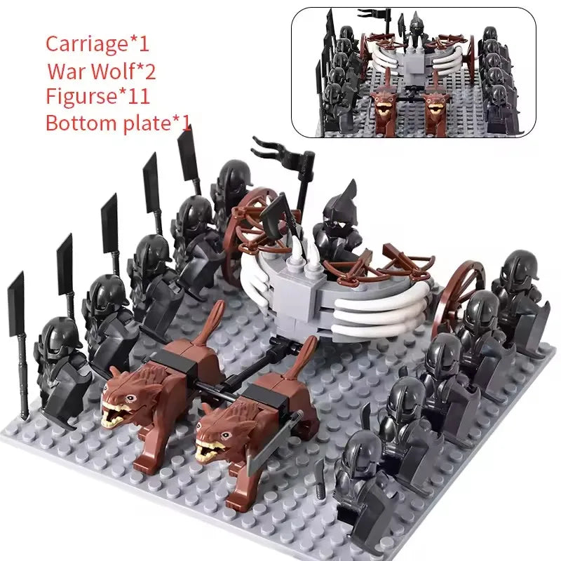 MOC Medieval LOTR Figures — Black Wolves & Mounted Chariots Action Dolls, Assembled Brick Building Blocks Toy