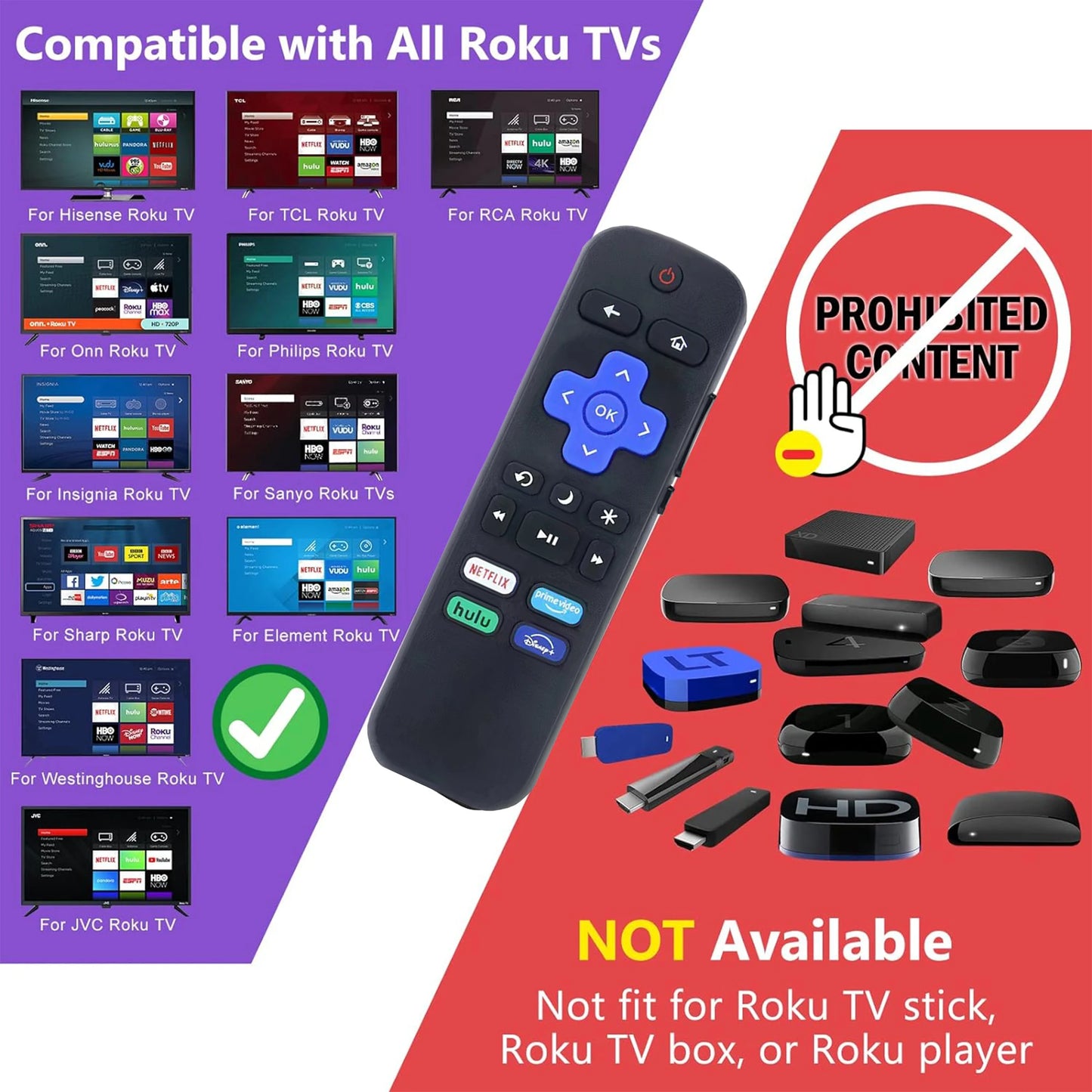 2 Pack Replacement Remote Control for Roku TV, Compatible with TCL, Hisense, Onn, Insignia, & Hitachi