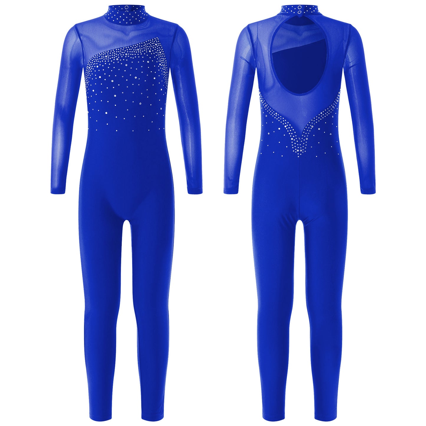 Kids Girls Long Sleeve Rhinestone Bodysuit — Full Body Dancewear Gymnastics Leotard Skating Jumpsuit