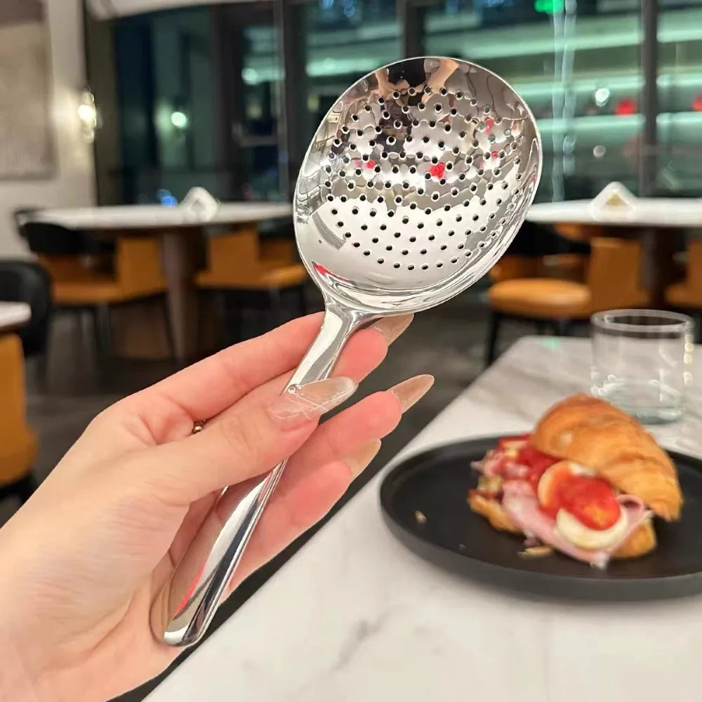 Large Stainless Steel Round Spoon — Big Head Rice Serving Spoon with Drain Holes, Heat-Resistant Kitchen Utensil
