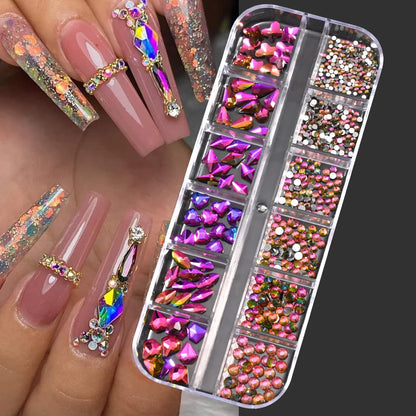 12-Grid Mixed Nail Rhinestones SS6-SS30 – Shiny Flat-Back Gems in Clear, Gold, Pink & Blue for Nail Art Decoration
