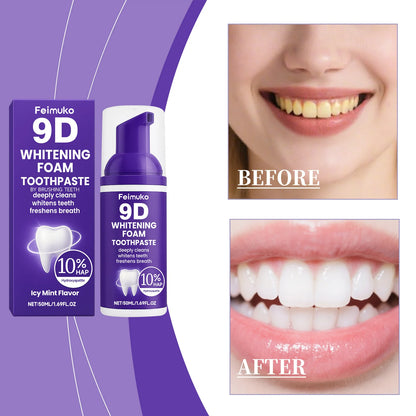 9D Purple Teeth Whitening Foam Toothpaste - 10% Hydroxyapatite, Fresh Breath, and Stain-Removing Oral Care for Travel