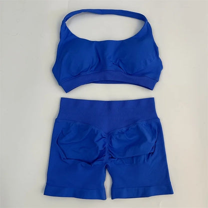2PCS Seamless Yoga Workout Set – Scrunch Shorts & Halter Sports Bra Gym Fitness Outfit