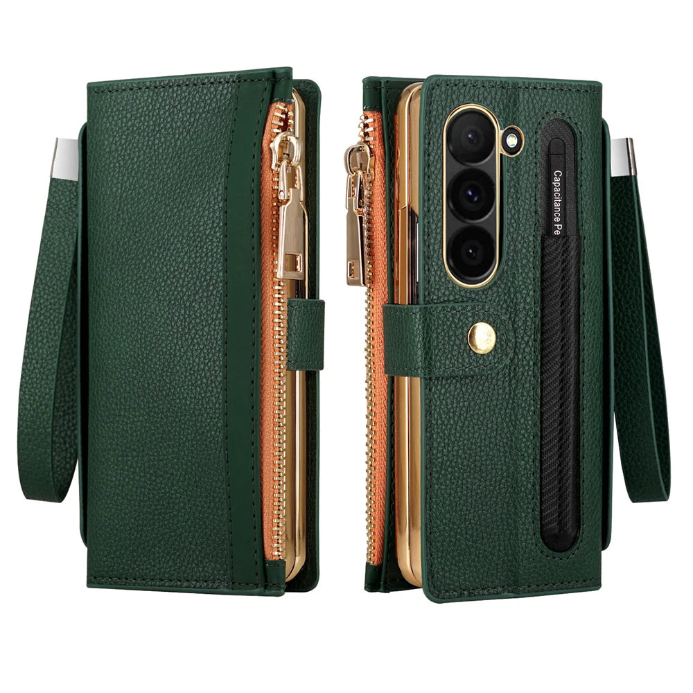 Leather Card Wallet Case with S Pen Slot for Samsung Galaxy Z Fold 6/5/4/3/2 — Multifunctional Zipper Protection Cover