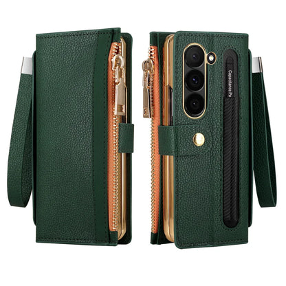 Leather Card Wallet Case with S Pen Slot for Samsung Galaxy Z Fold 6/5/4/3/2 — Multifunctional Zipper Protection Cover