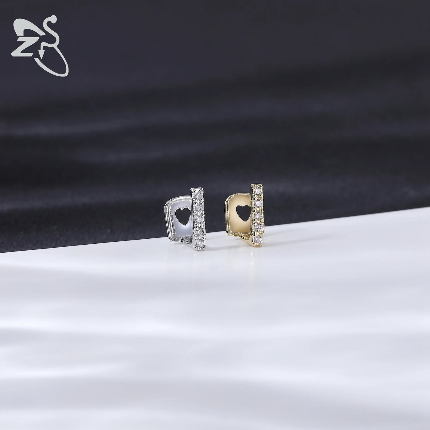 ZS Hip Hop Grillz – Silver/Gold Plated CZ Crystal Cross & Rose Star Tooth Cap, Top & Bottom Set