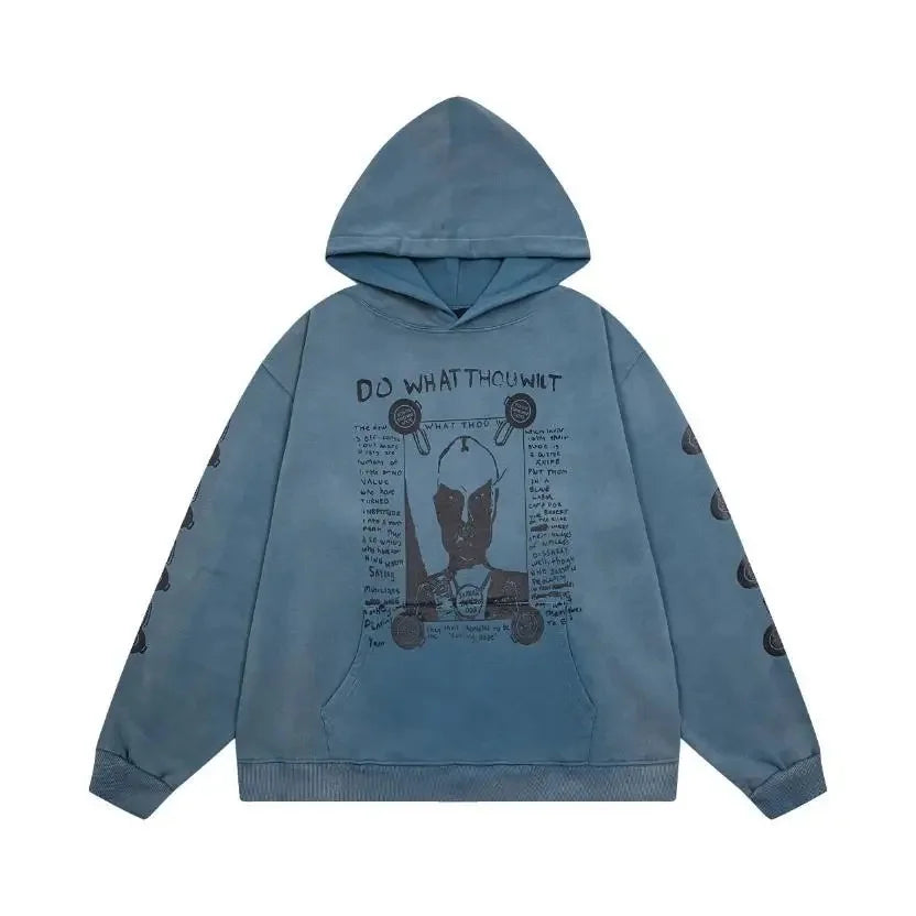 Washed Casual Hoodie Sweatshirt — Unisex Loose-Fit Street Style Crew Neck with Lip Print Letter Design, Vintage Comfortable Top