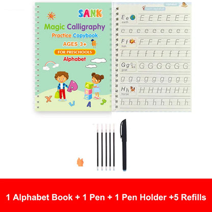 4-Piece Magic Practice Copybook Set with Pen — Reusable English Calligraphy Writing Book for Kids & Preschoolers