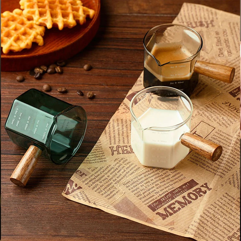 120ml Glass Espresso Measuring Cup with Wooden Handle — Hexagon Coffee Milk Jug & Sauce Pitcher
