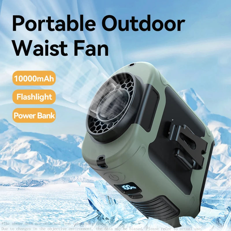 20000mAh Outdoor Portable Waist Fan - Hanging Neck Fan with Strong Wind, Power Bank & LED Lighting for Sports & Outdoor Work