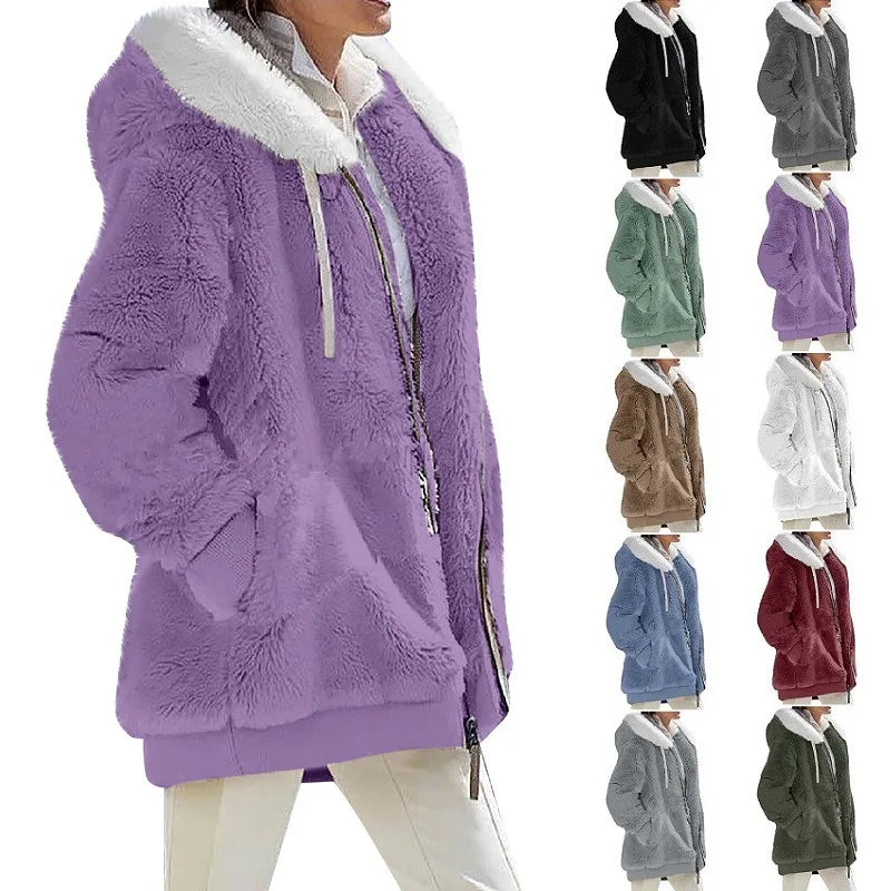 Autumn Winter Women's Hooded Coat – Casual Zipper Cashmere Fleece Jacket Solid Color Ladies Outerwear