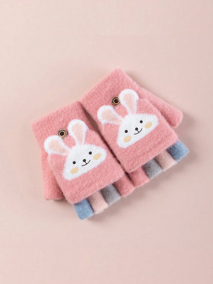 Half-Finger Gloves with Flip-Top Cover - Girls’ Winter Rabbit Fleece Gloves for Writing, Warm Cotton Handwear