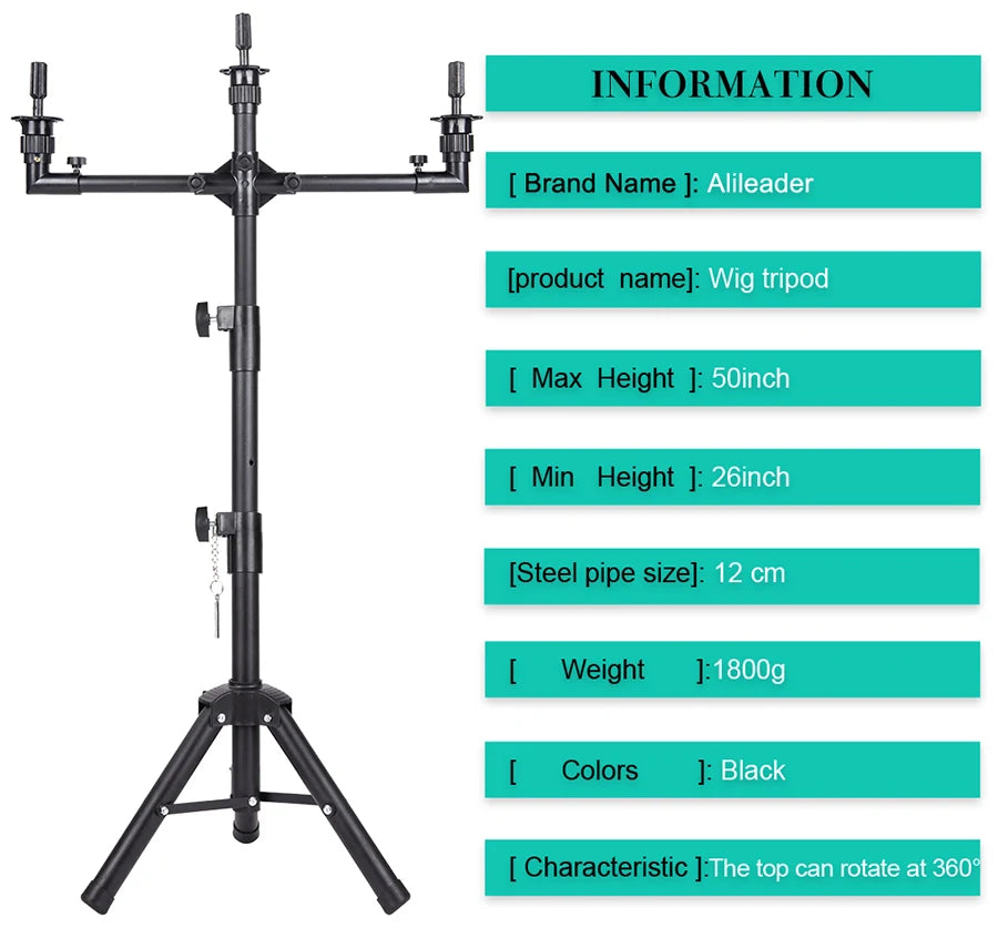 Multifunction Wig Stand — 3-Holder Tripod for Mannequin Heads, Training Dolls & Canvas Blocks