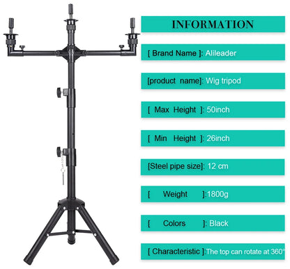 Multifunction Wig Stand — 3-Holder Tripod for Mannequin Heads, Training Dolls & Canvas Blocks