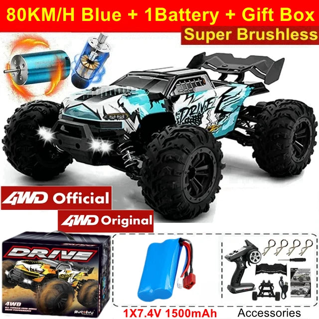 4WD Remote Control Car – Off-Road 4x4 RC High-Speed Buggy Truck, Brushless 50/80KM/H Drift Racing Toy for Kids & Adults