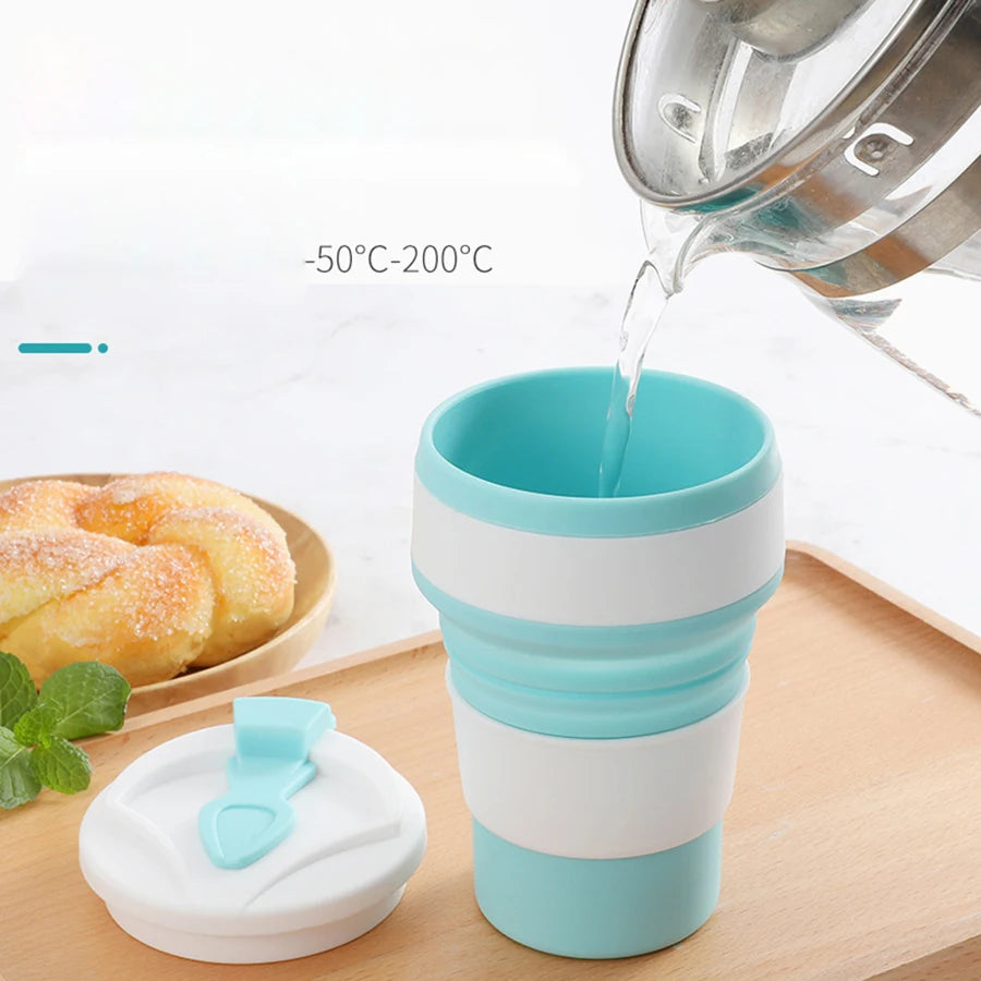 350ML Food-Grade Silicone Folding Cup with Lid - Reusable, Portable Coffee Cup for Hot Drinks, Ideal for Travel and Camping