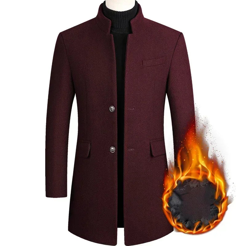 BROWON Men's Wool Trench Coat - Solid Color Business Casual Winter Coat for Autumn & Winter