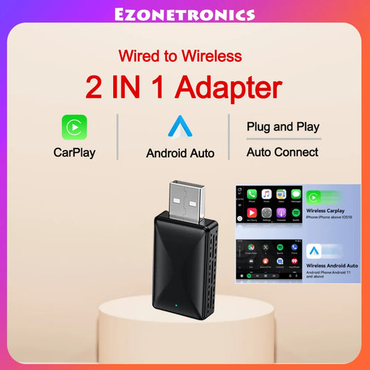 2 in 1 Wired to Wireless CarPlay and Android Auto Adapter - USB Plug and Play for OEM Car Stereo