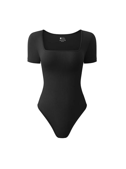 Women’s Early Autumn Square Neck Seamless Bodysuit – Short Sleeve Solid Color Body Shaping Jumpsuit Top
