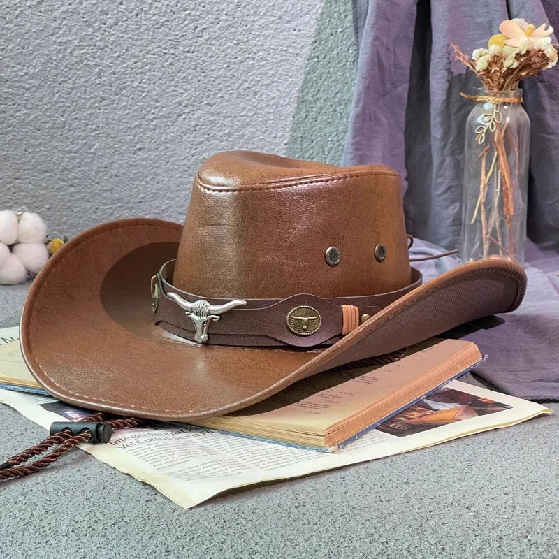 Faux Leather Western Cowboy Hat — Vintage Panama Sombrero Jazz Cap for Men & Women