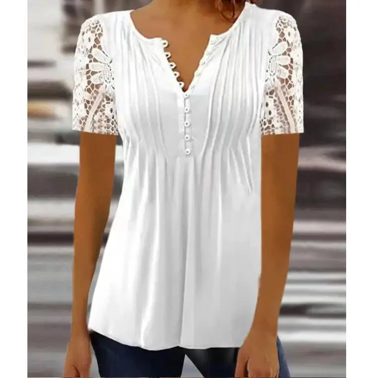Women’s Summer Floral Lace V-Neck Blouse – Loose Fit Short Sleeve Casual Elegant Printed Fashion Shirt for Spring & Summer Wear