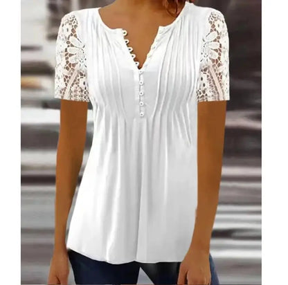 Women’s Summer Floral Lace V-Neck Blouse – Loose Fit Short Sleeve Casual Elegant Printed Fashion Shirt for Spring & Summer Wear
