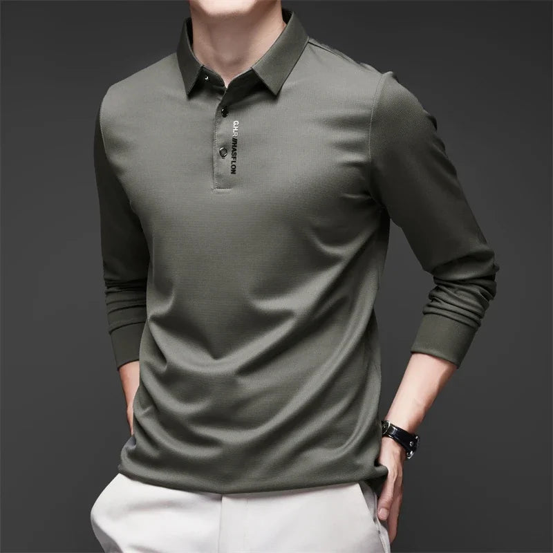 Men's Business Casual Polo Shirt - Long Sleeve Solid Color Top with Badge Detail