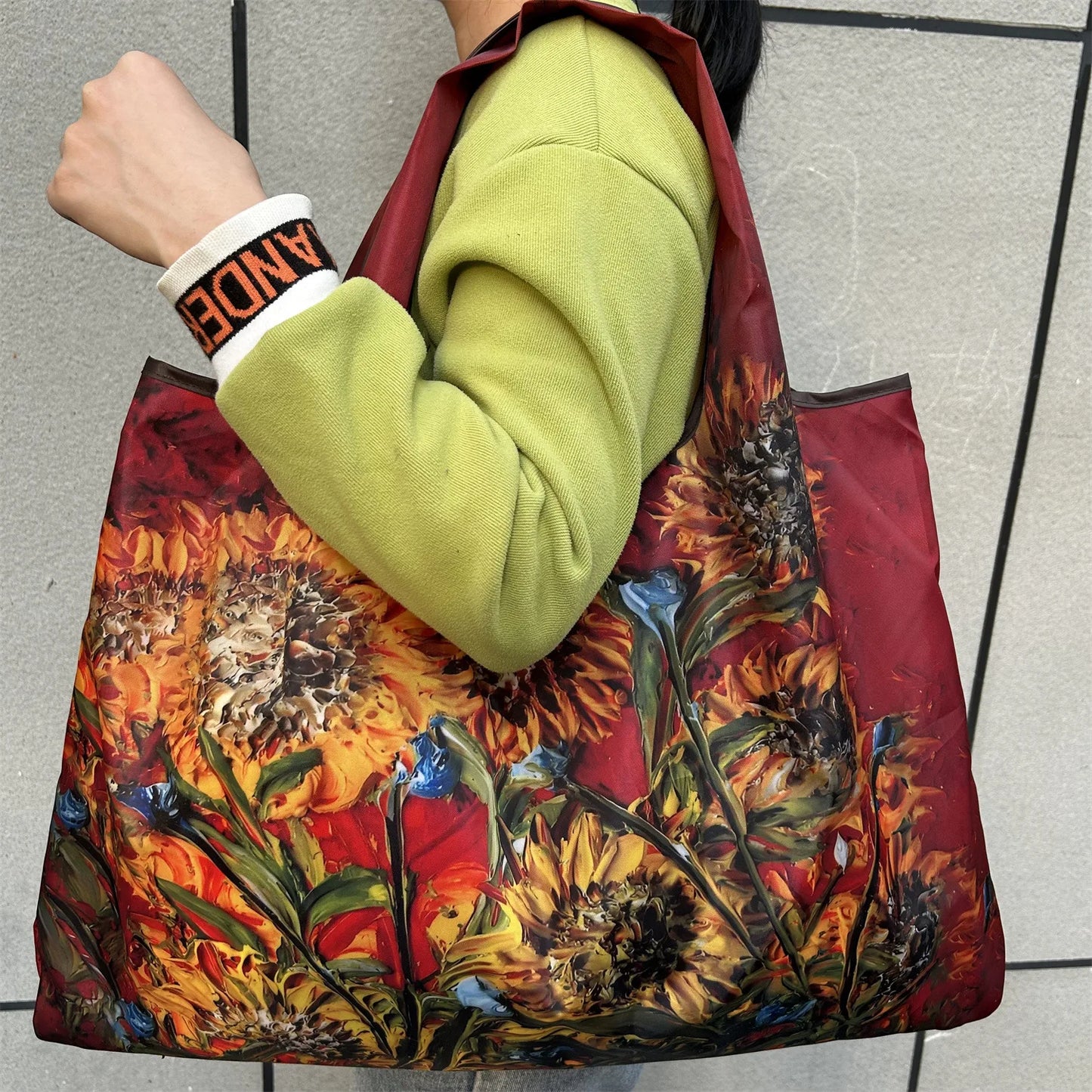 Flower Oil Painting Foldable Shopping Tote Bag – Large Capacity Reusable Portable Shoulder Handbag for Travel, Beach & Grocery Storage