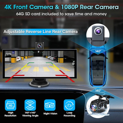 11.26” 4K ADAS Dash Cam Display – Wireless Android Auto & CarPlay Screen DVR with Dual Recording, Night Vision & FM Car System
