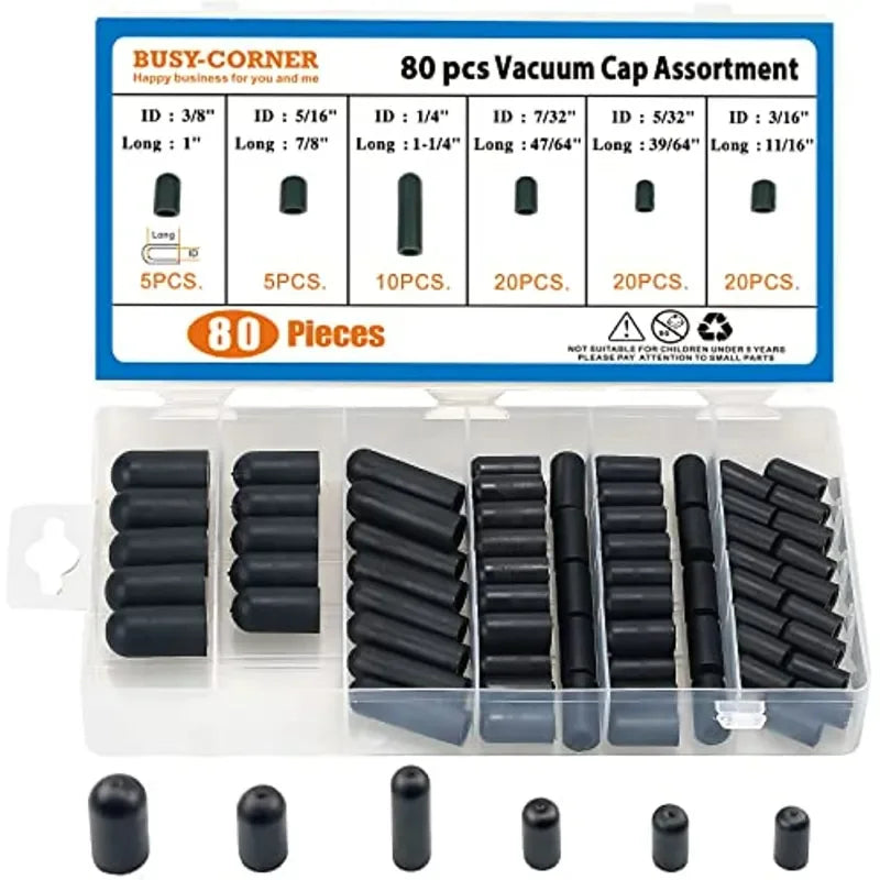 80PCS Black Vacuum Dust Cap Set - Rubber Carburetor Hose Covers for Automotive Vacuum Line Protection