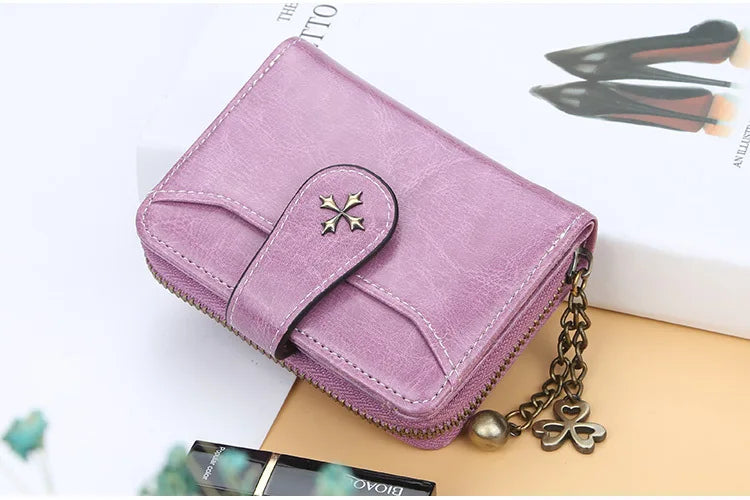 Women’s PU Leather Wallet — Short Hasp Coin & Card Holder, Small Money Bag Clutch in Blue & Red