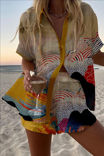 Women’s Summer 2-Piece Set – Lapel Short-Sleeve Shirt & Shorts, Elegant Loose Printed Outfit