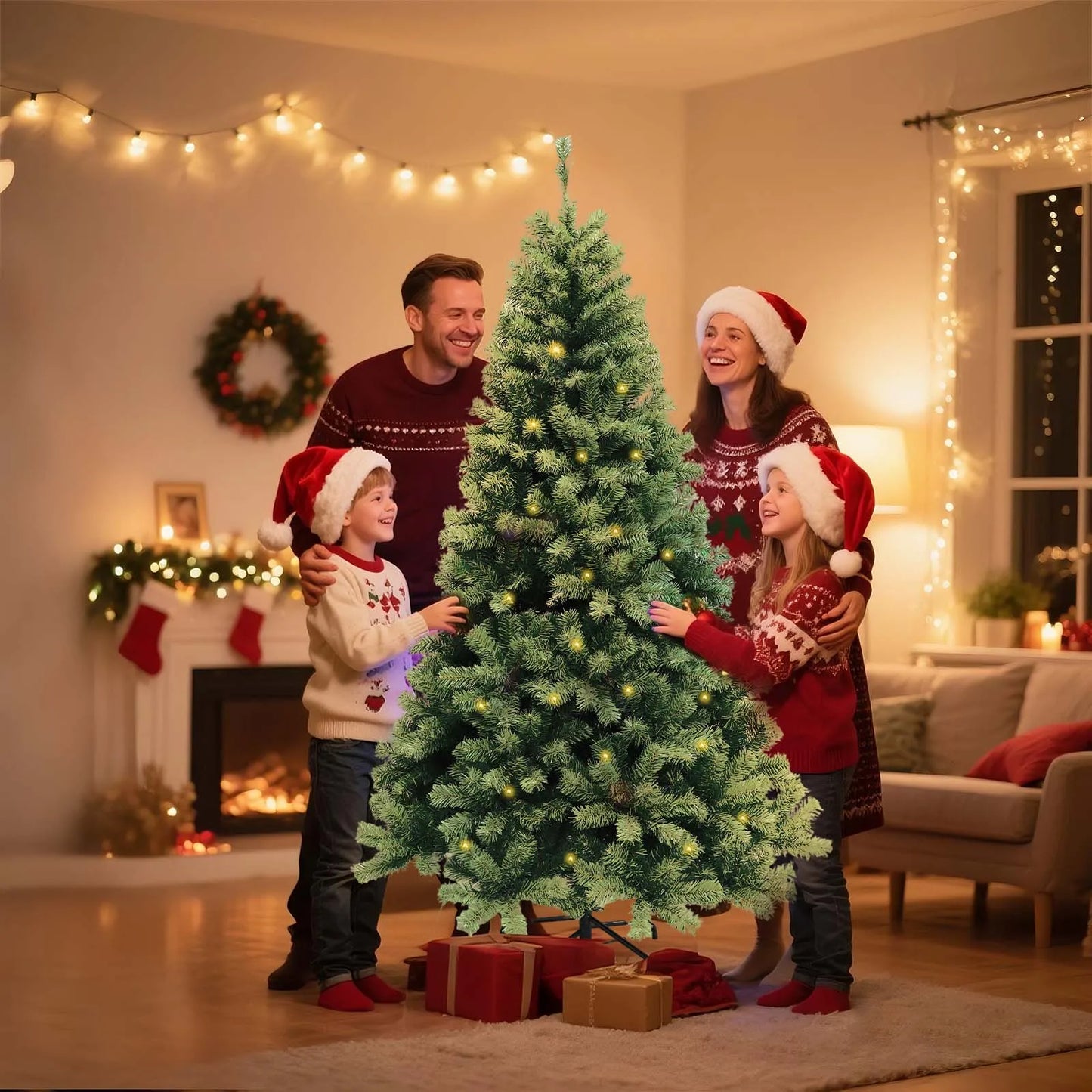 6-7ft Pre-Lit Artificial Christmas Tree — Hinged Xmas Tree with LED Lights & 8 Lighting Modes for Home Decor