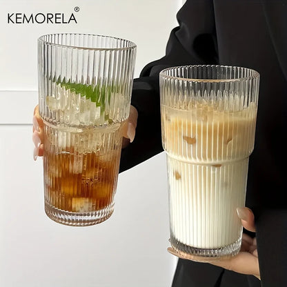 600ML Striped Glass Coffee Cup with Lid and Straw – Transparent Drinking Glasses for Juice, Milk, Tea | Iced Coffee Mug Drinkware