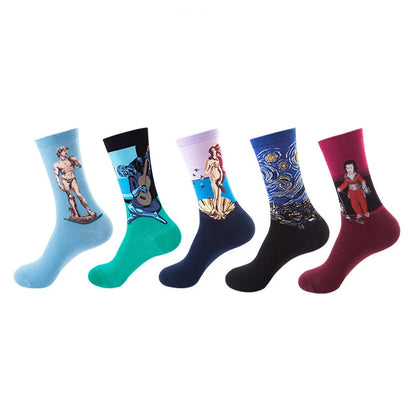 5-Pair Men’s Cotton Sports Socks Pack - Hip Hop Harajuku Pastel Print Long Tube Running Casual Socks