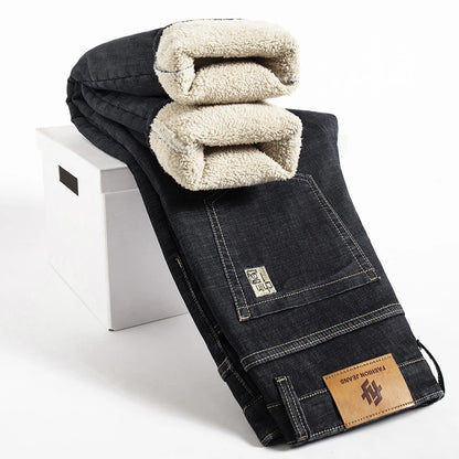 Men’s Winter Lamb Fluff Denim Pants – Fleece-Lined Straight Jeans, Thick High-Waist Slim Stretch Jeans, Big Size 40 Warm Vaqueros