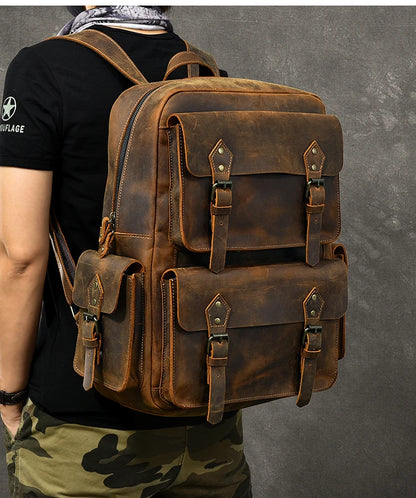 Vintage Crazy Horse Leather Backpack for Men — 17" Laptop Travel Rucksack Cowhide Hiking Bag M815