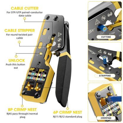 RJ45 Pass Through Crimping Tool - All-in-One Ethernet Wire Cutter for Cat5, Cat5e & Cat6 Network Connectors