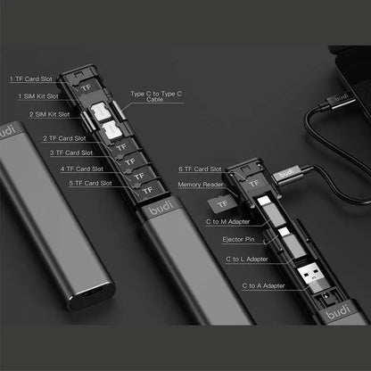 BUDI Multi-Function Smart Adapter – Data Cable, SIM Kit, TF Card Reader, Storage Case & Phone Cradle