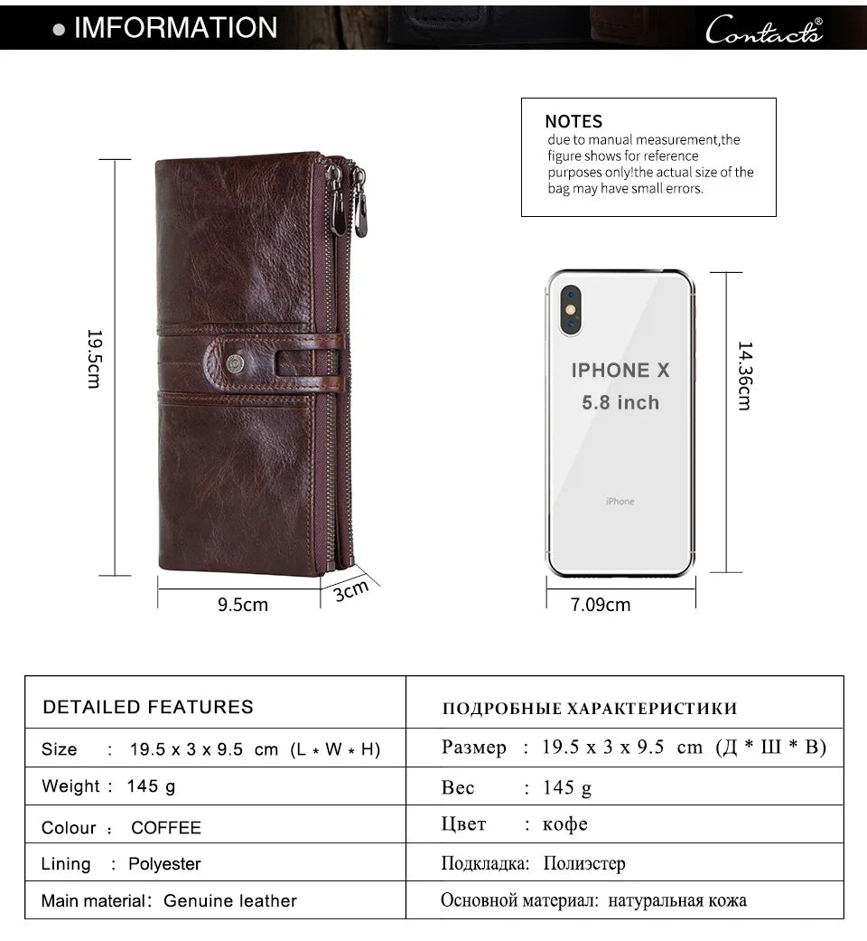 CONTACT'S Men’s Genuine Leather Clutch Wallet – Long Vintage Wallet with Card Holder, Zipper Coin Purse & Money Bag
